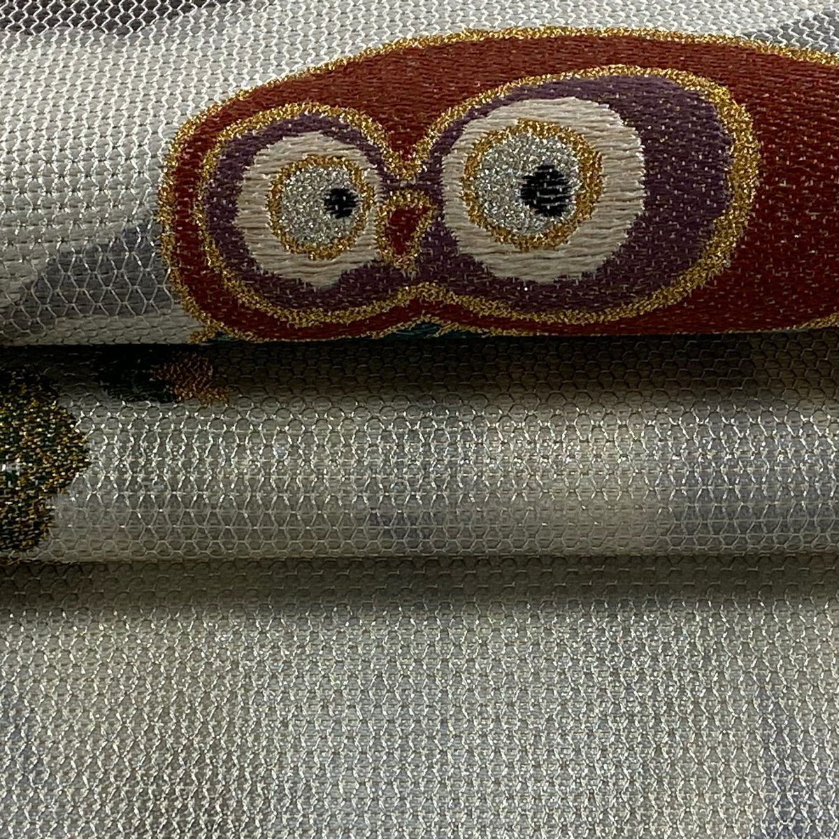 【美品】 袋帶 逸品級 貓頭鷹 枝葉 銀線 金金箔 銀 お太鼓圖案 純蠶絲