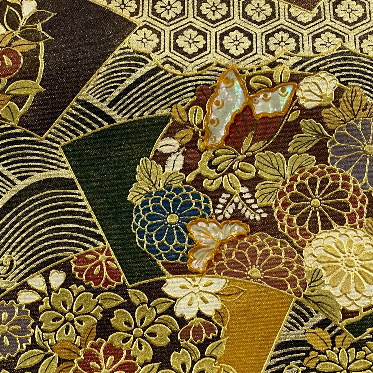 【美品】 袋帶 名品級 證書齊全 扇子面 花蝶 螺鈿 金銀彩 金色 大鼓圖案 純蠶絲
