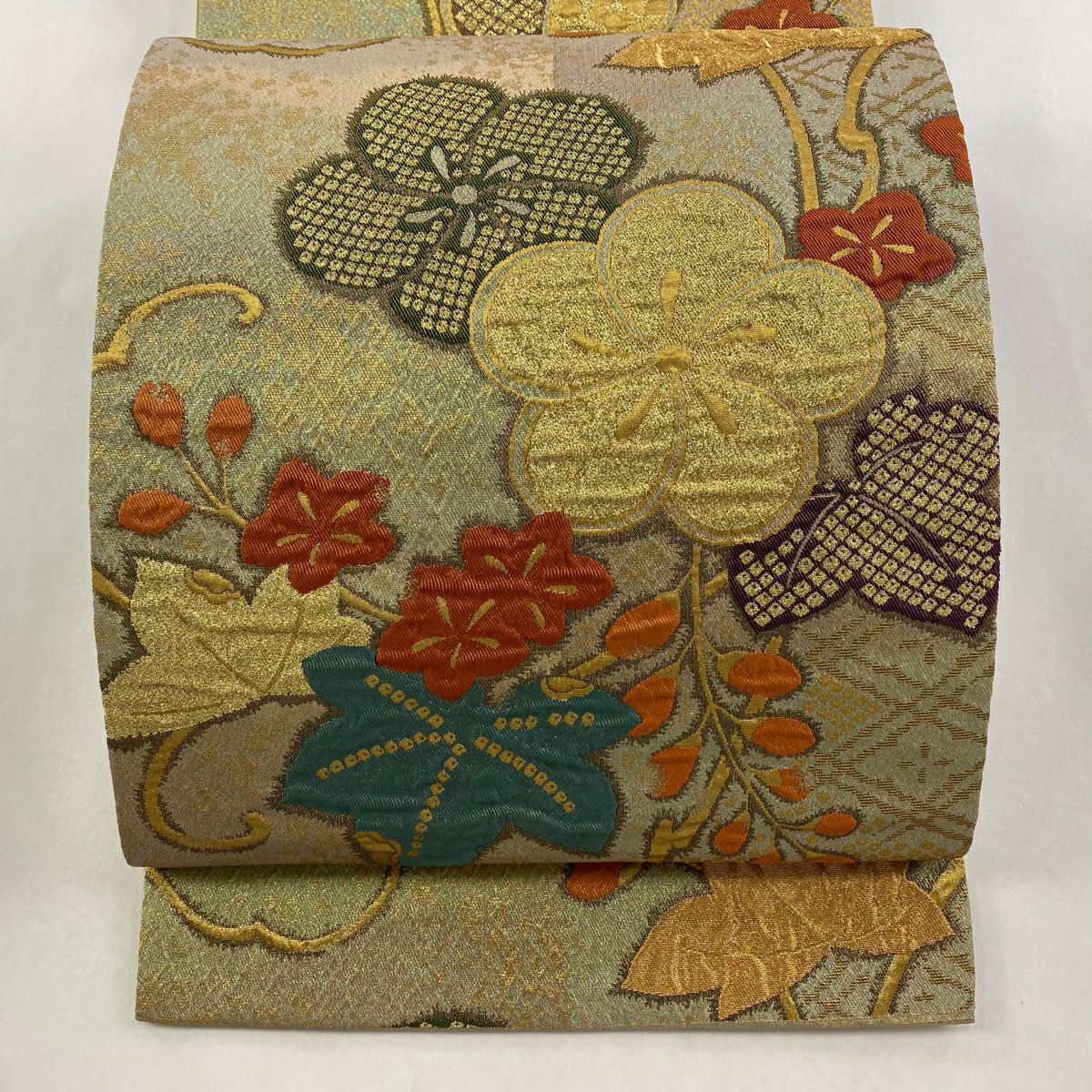 【美品】 袋帶 名品級 關西仕立 草花紋 ねじ梅花 金絲 金金箔 灰綠 六通 純蠶絲