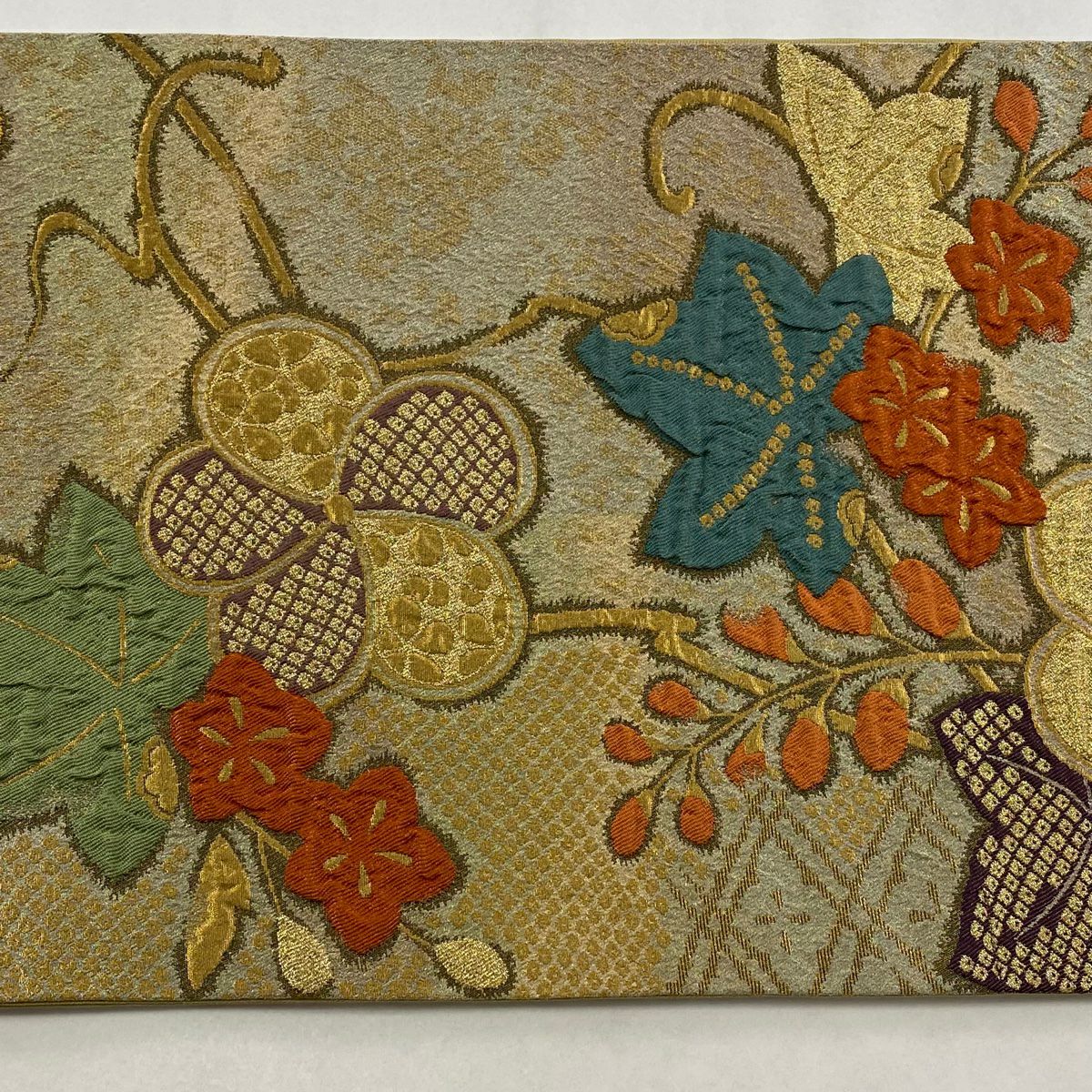 【美品】 袋帶 名品級 關西仕立 草花紋 ねじ梅花 金絲 金金箔 灰綠 六通 純蠶絲