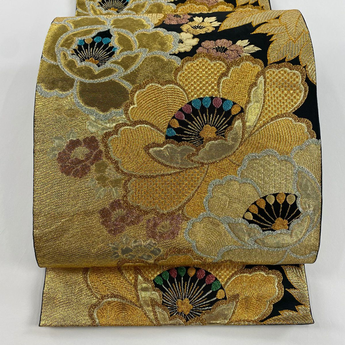【美品】 袋帶 秀品級 草花紋紋 金金箔 金絲 金色 六通 純蠶絲