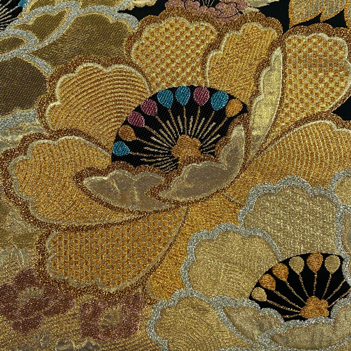 【美品】 袋帶 秀品級 草花紋紋 金金箔 金絲 金色 六通 純蠶絲