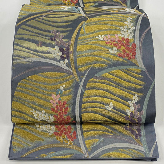 袋帶 秀品級 草花紋紋 金金箔 金銀彩 灰色 六通 純蠶絲