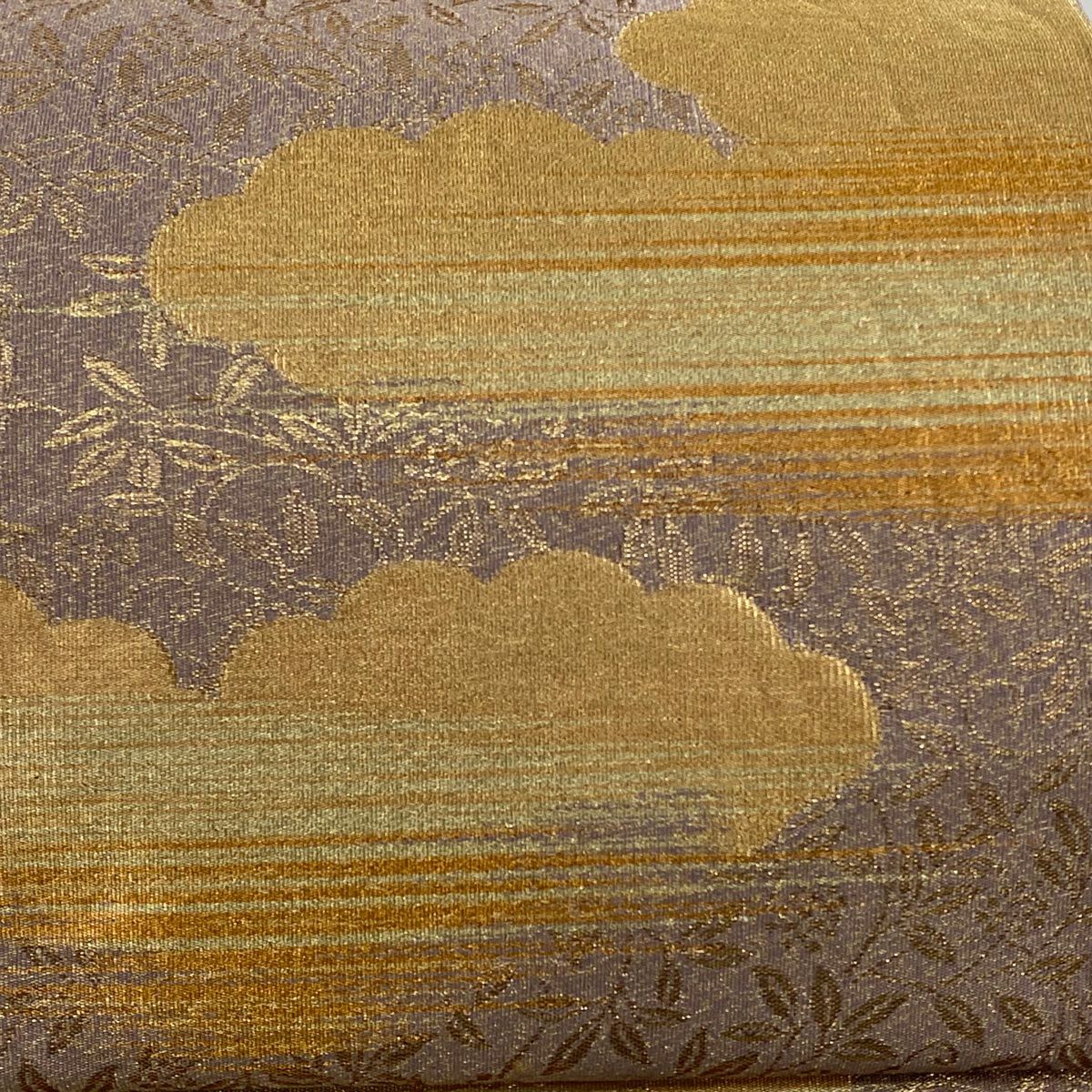 袋帶 秀品級 雲紋 葉紋 金絲 金金箔 灰紫 六通 純蠶絲