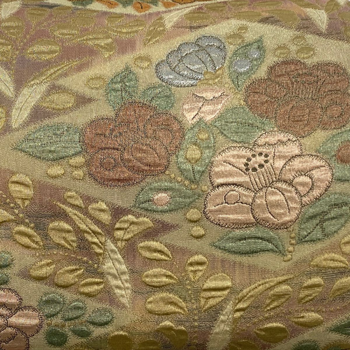 【美品】 袋帶 秀品級 椿 松樹皮菱 金金箔 薄小豆 六通 純蠶絲