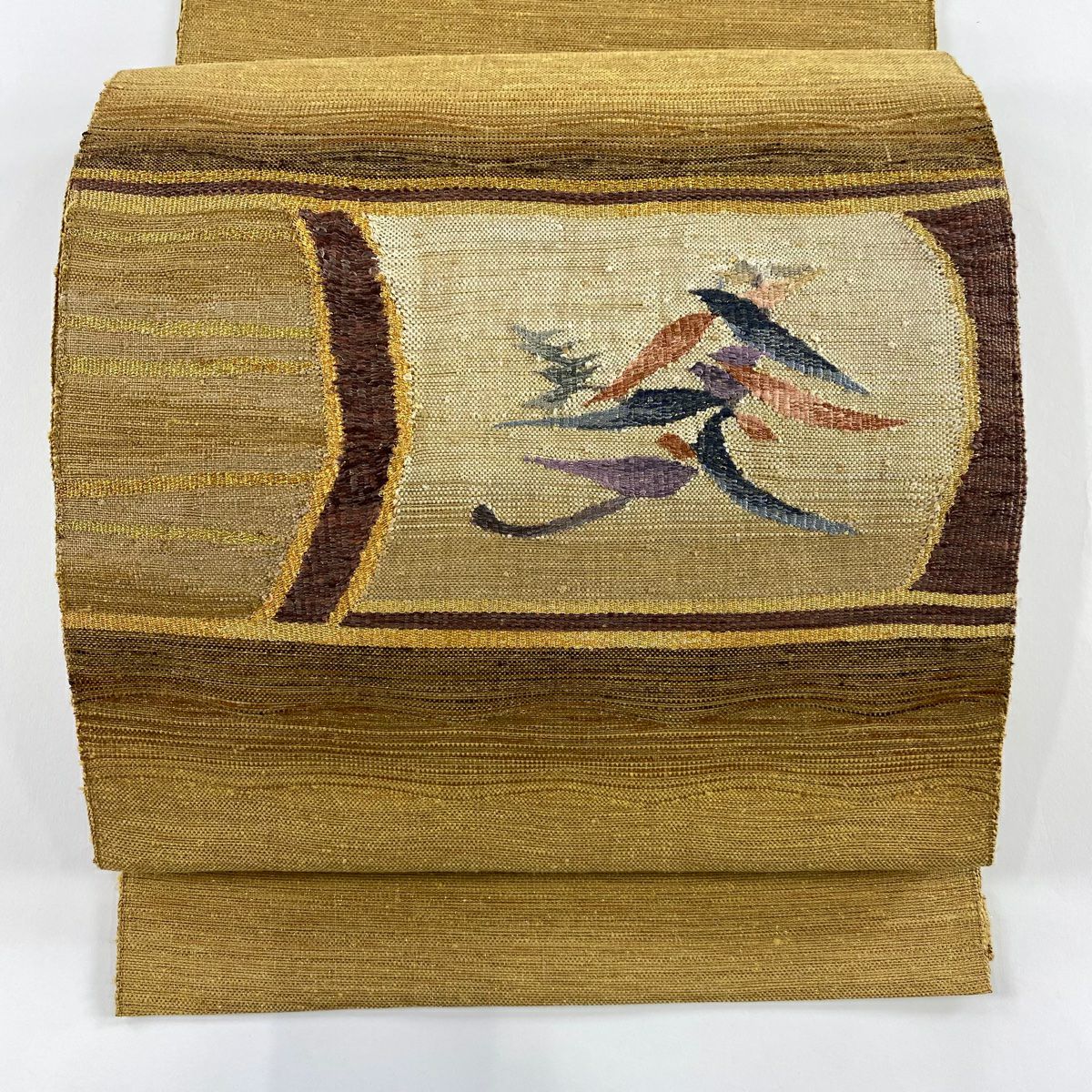 【美品】名古屋帶 優品級 八寸名古屋帶 大和 葉紋 縞紋 金絲 黃土色 純蠶絲