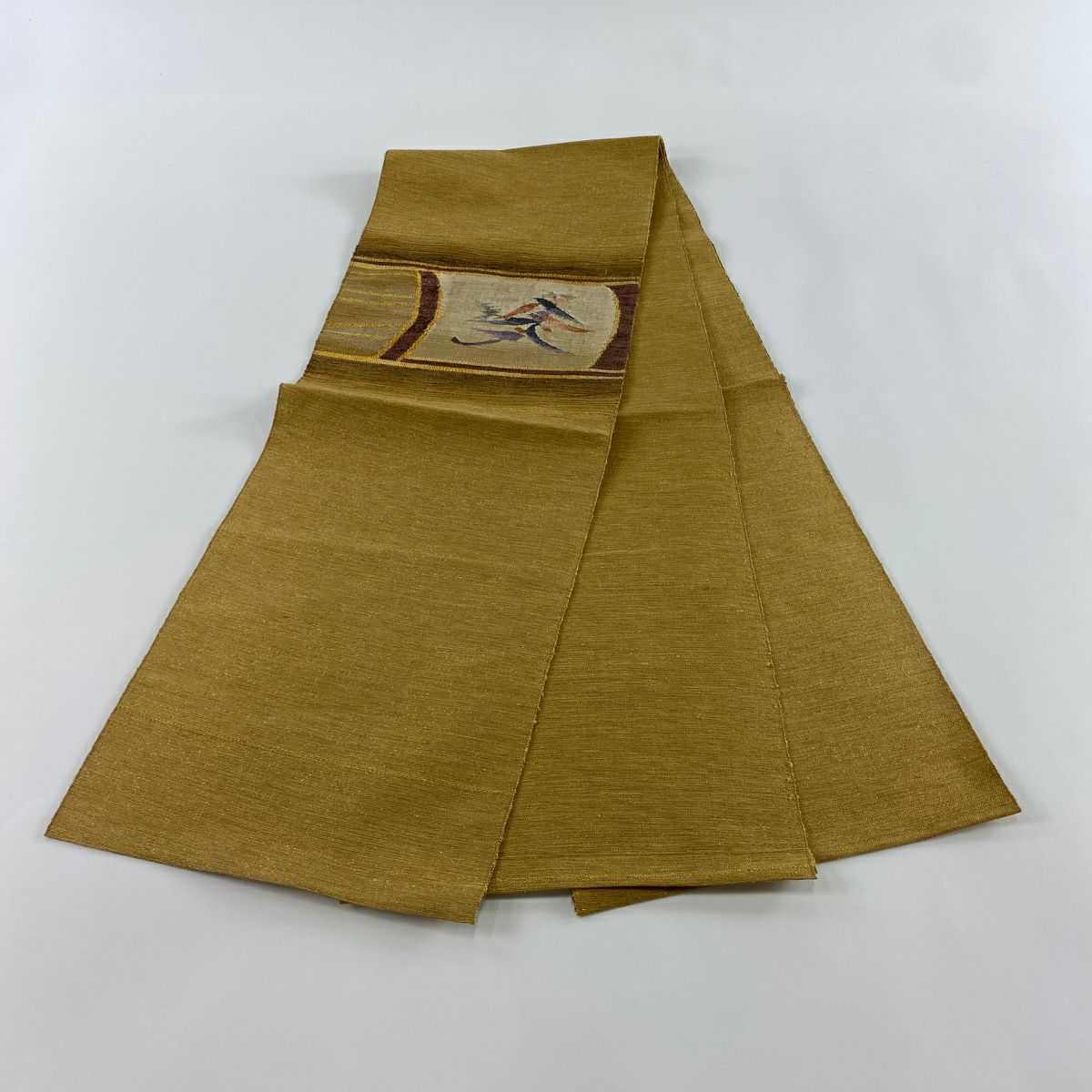 【美品】名古屋帶 優品級 八寸名古屋帶 大和 葉紋 縞紋 金絲 黃土色 純蠶絲