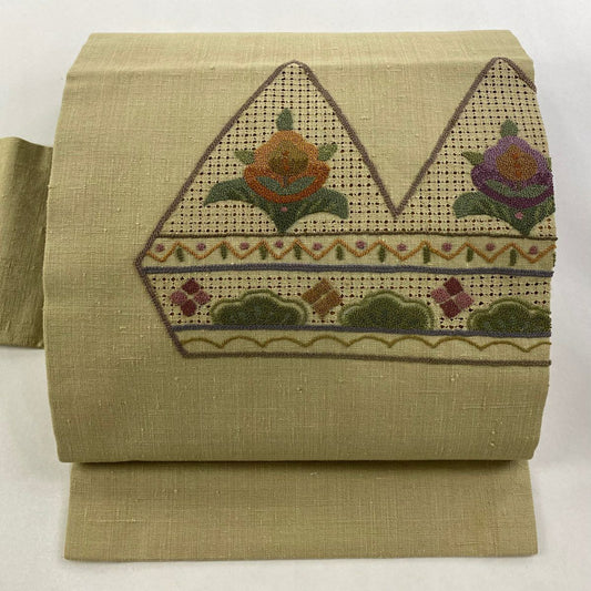 【美品】名古屋帶 秀品級 紬織織 草花紋紋 幾何學刺繡 抹茶 純蠶絲