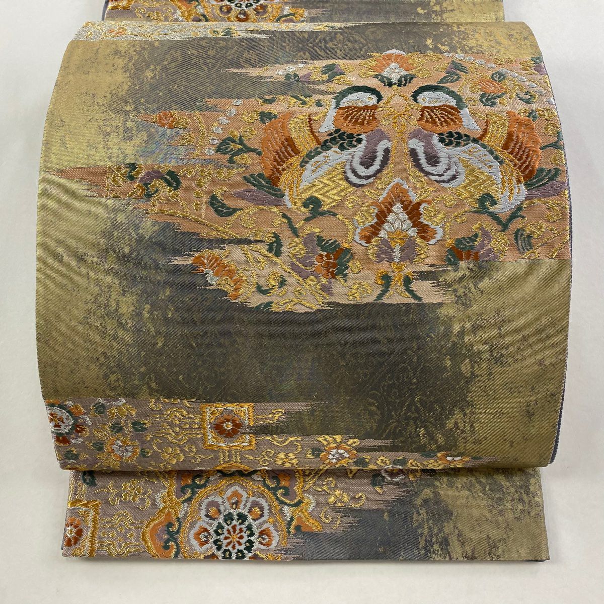 【美品】 袋帶 秀品級 向鳥 草花紋 金銀彩 金金箔 灰紫 六通 純蠶絲