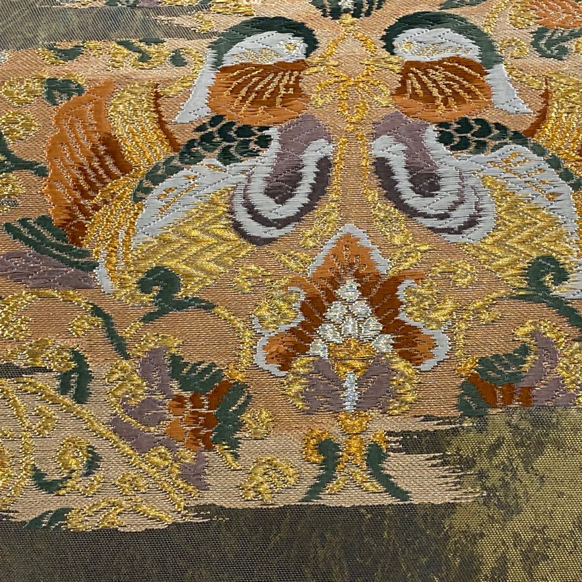 【美品】 袋帶 秀品級 向鳥 草花紋 金銀彩 金金箔 灰紫 六通 純蠶絲