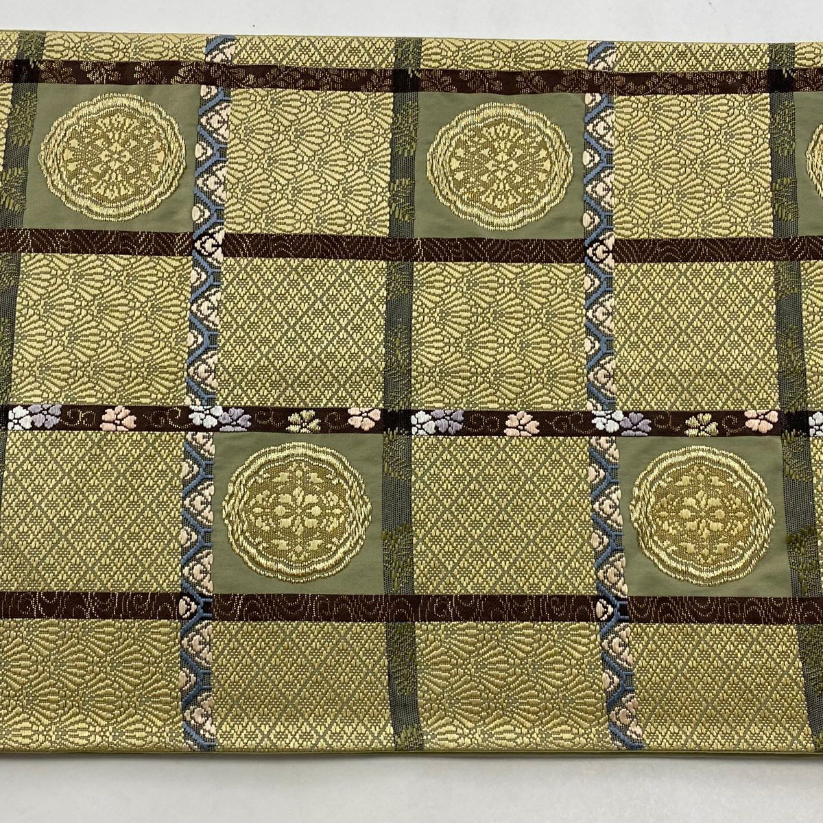 袋帶 秀品級 華紋 菱 金絲 金金箔 抹茶 深藍 六通 純蠶絲
