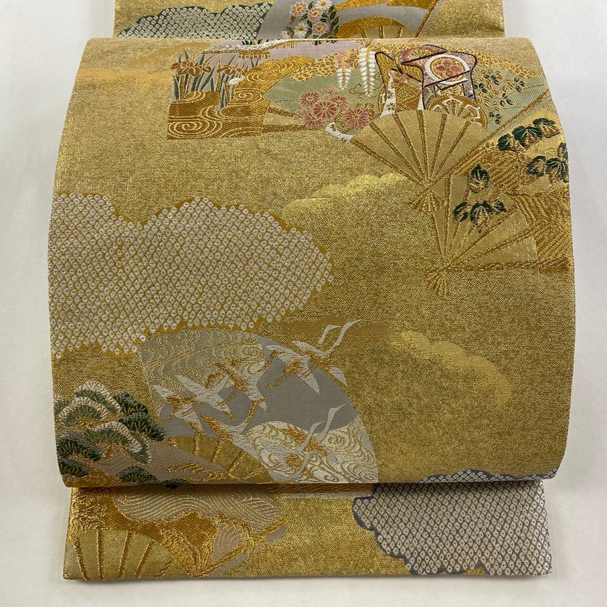 【美品】 袋帶 秀品級 扇子子 御所車 金絲 金金箔 金色 六通 純蠶絲
