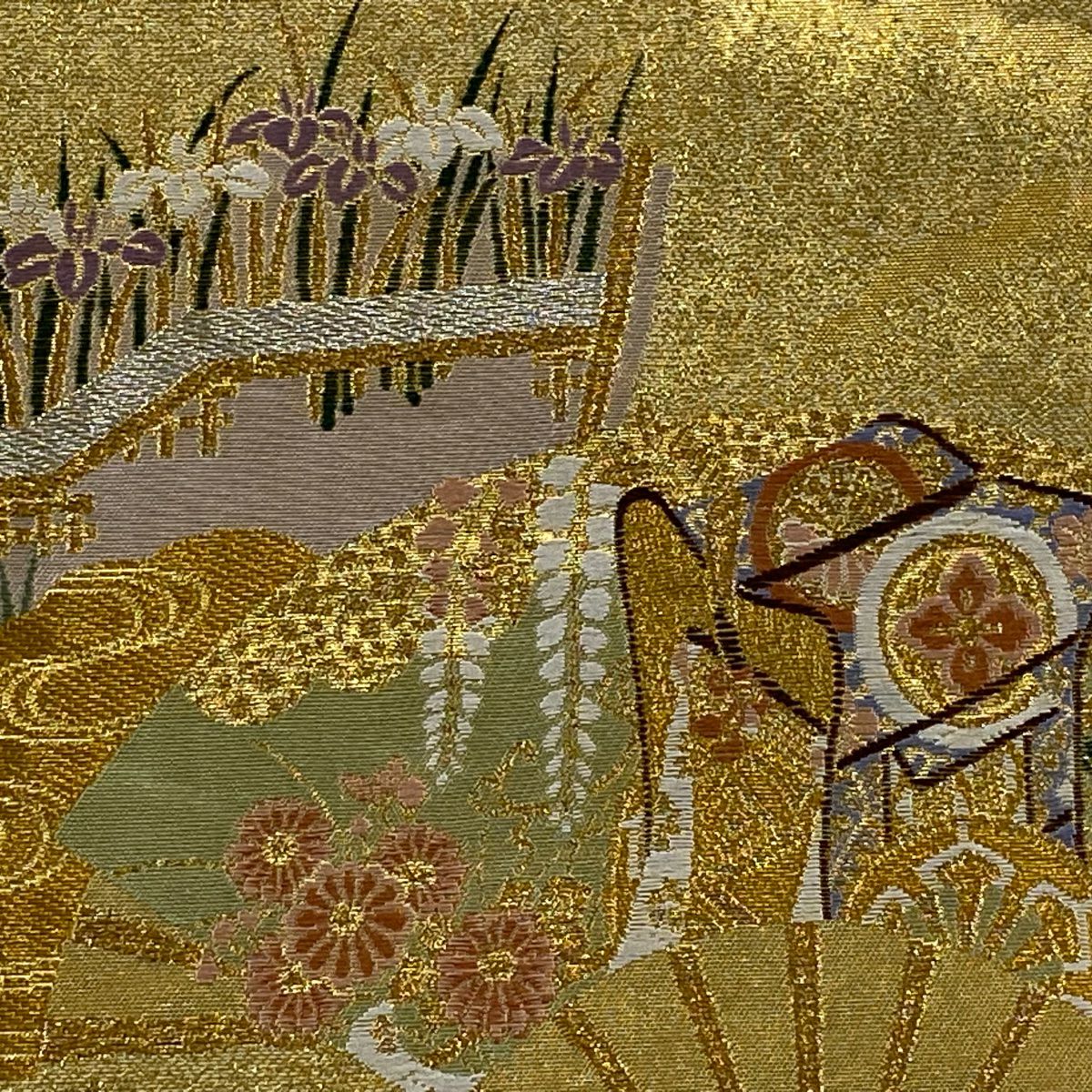 【美品】 袋帶 秀品級 扇子子 御所車 金絲 金金箔 金色 六通 純蠶絲