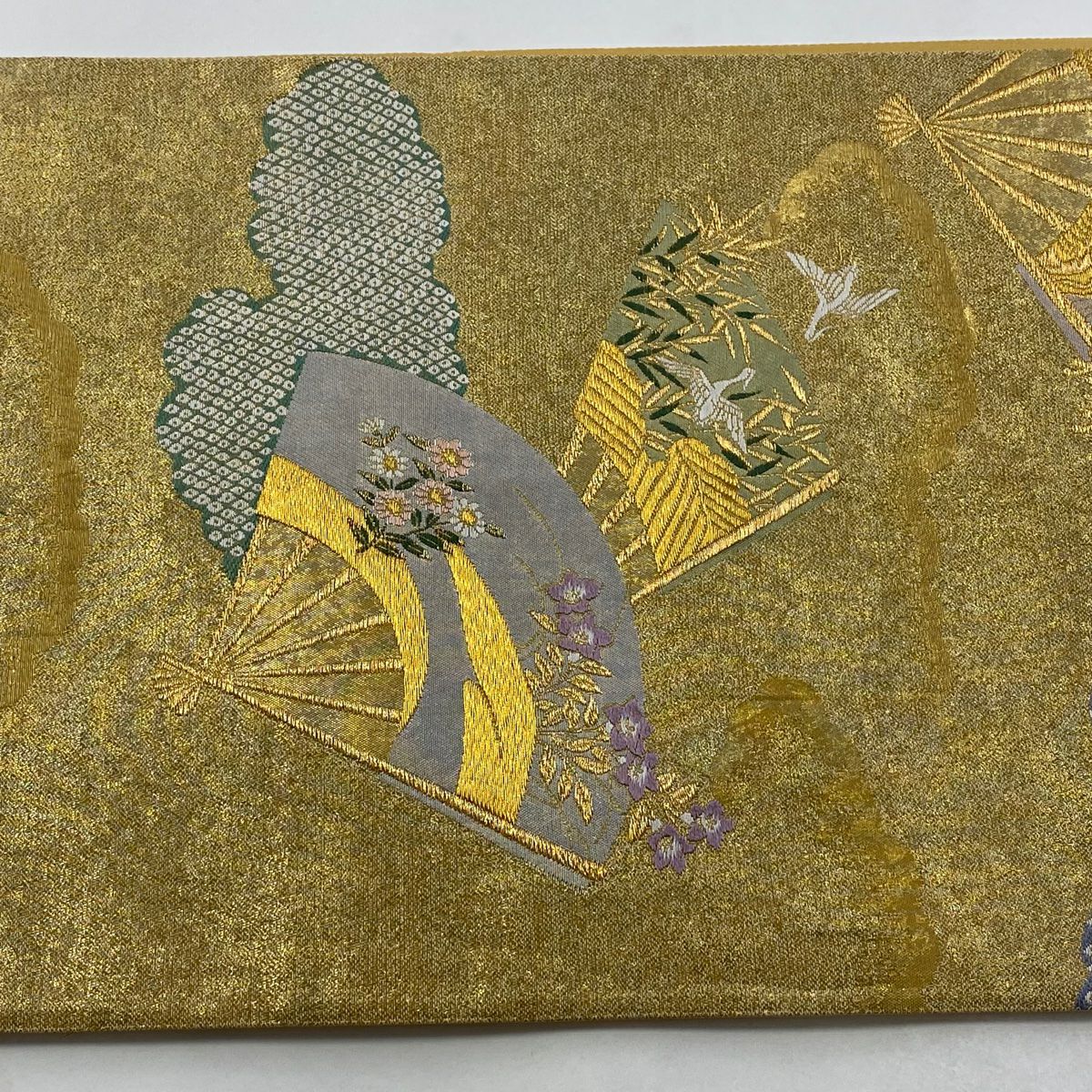 【美品】 袋帶 秀品級 扇子子 御所車 金絲 金金箔 金色 六通 純蠶絲