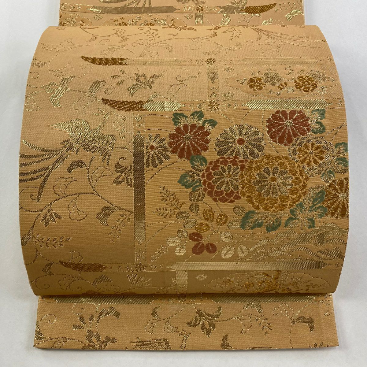 【美品】 袋帶 秀品級 菊花 鳥 金金箔 金絲 淺茶 六通 純蠶絲