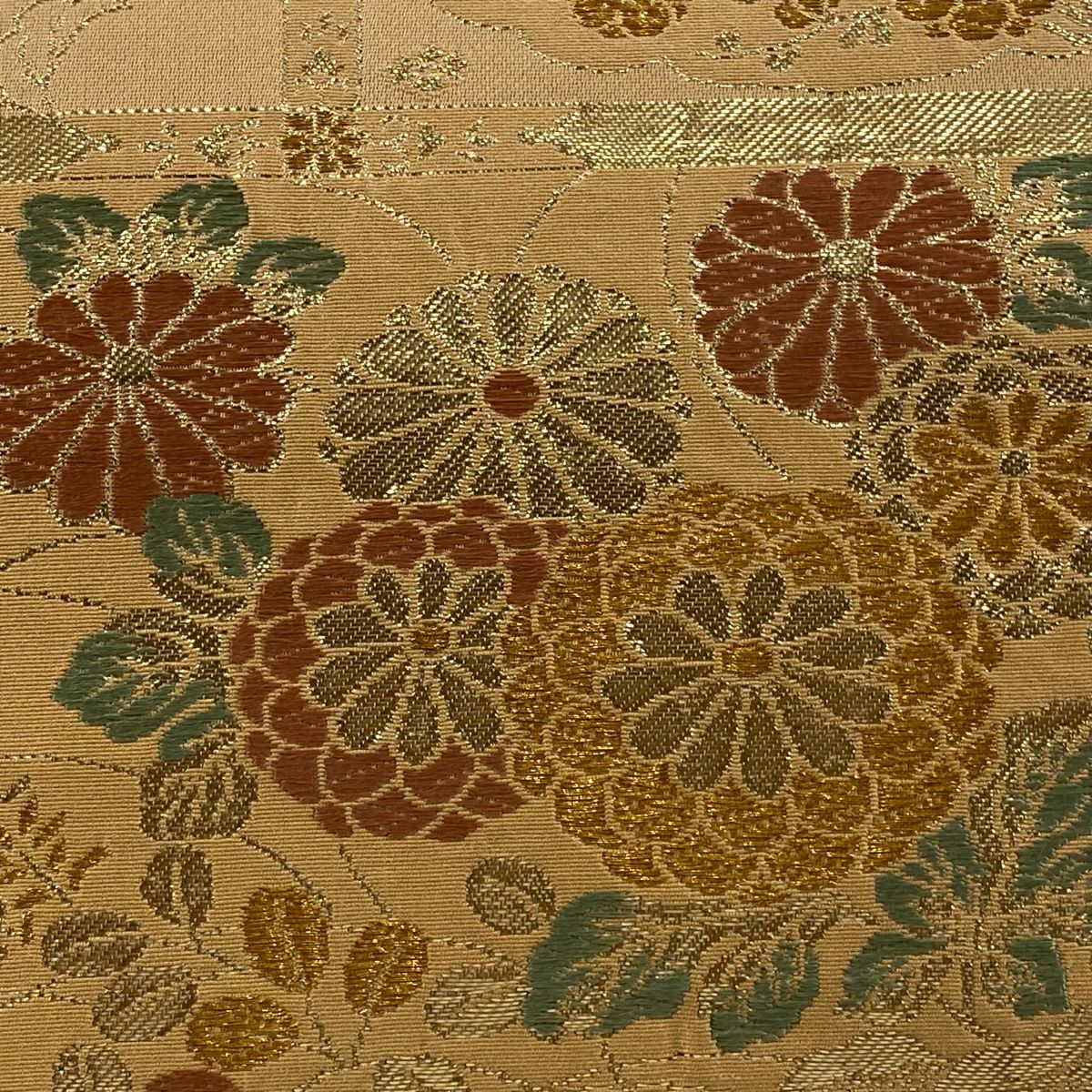 【美品】 袋帶 秀品級 菊花 鳥 金金箔 金絲 淺茶 六通 純蠶絲