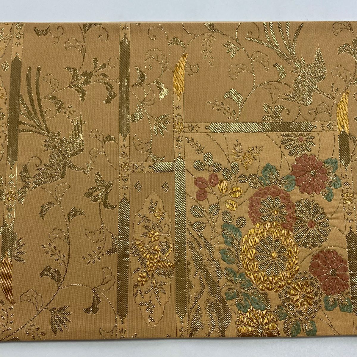 【美品】 袋帶 秀品級 菊花 鳥 金金箔 金絲 淺茶 六通 純蠶絲