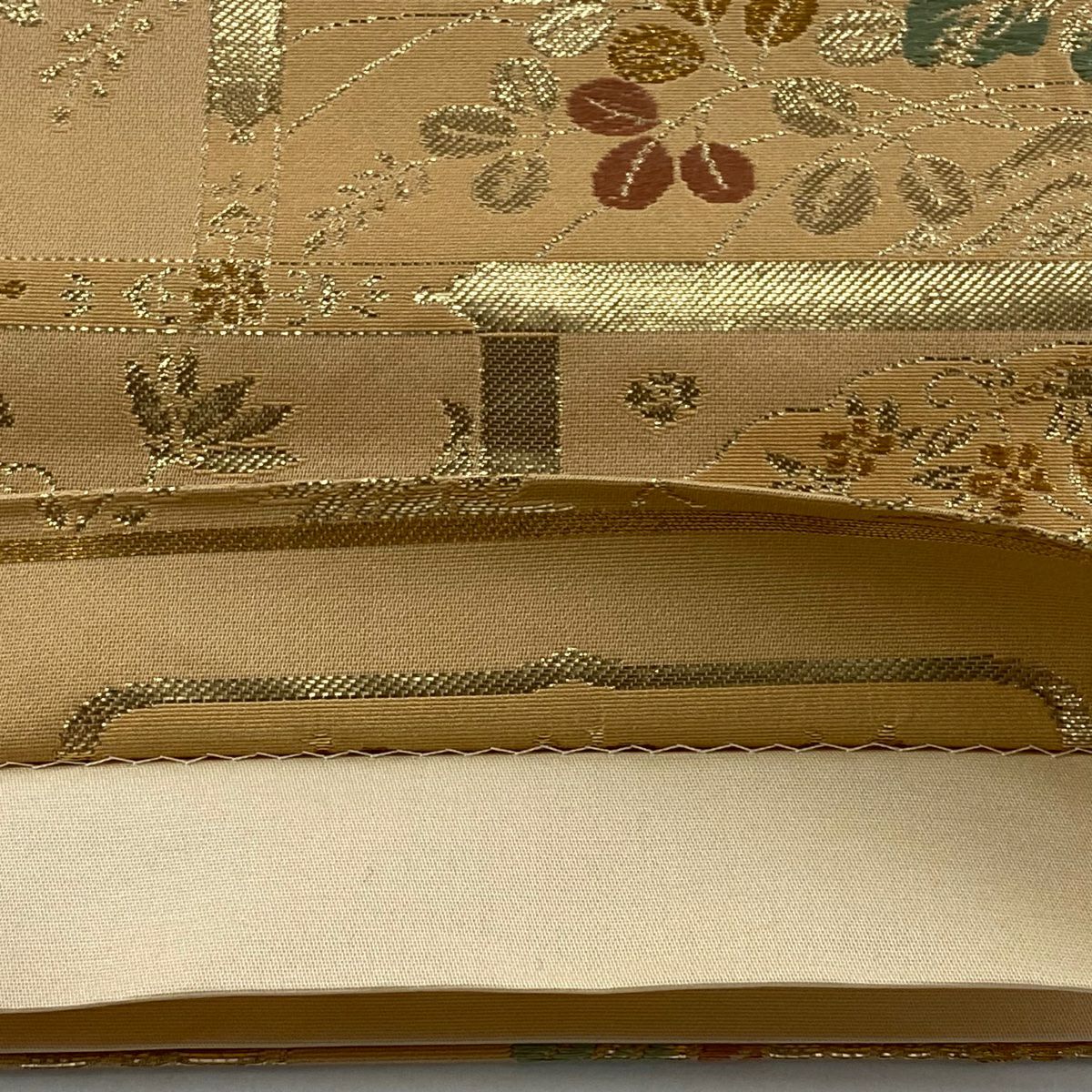 【美品】 袋帶 秀品級 菊花 鳥 金金箔 金絲 淺茶 六通 純蠶絲