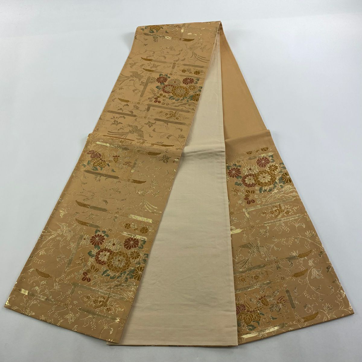 【美品】 袋帶 秀品級 菊花 鳥 金金箔 金絲 淺茶 六通 純蠶絲