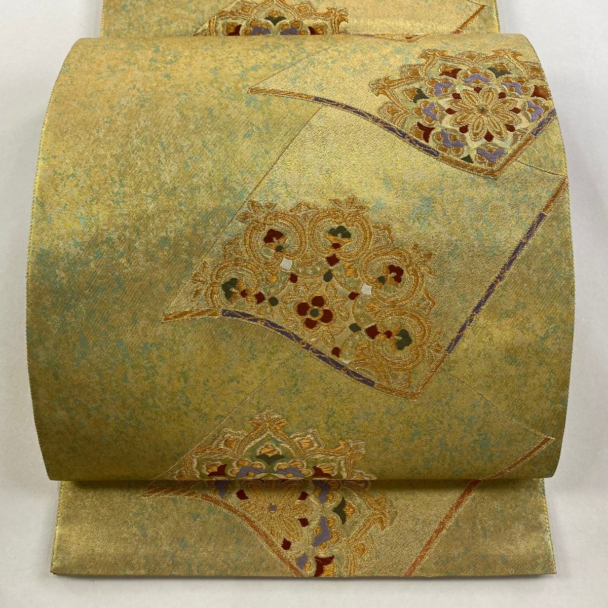 【美品】 袋帶 名品級 色紙 華紋 金絲 金金箔 金 六通 純蠶絲