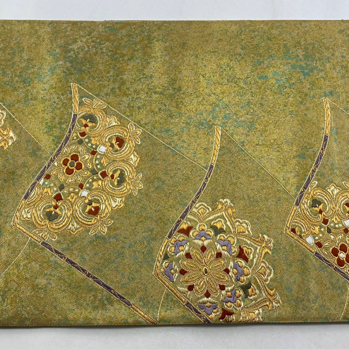 【美品】 袋帶 名品級 色紙 華紋 金絲 金金箔 金 六通 純蠶絲