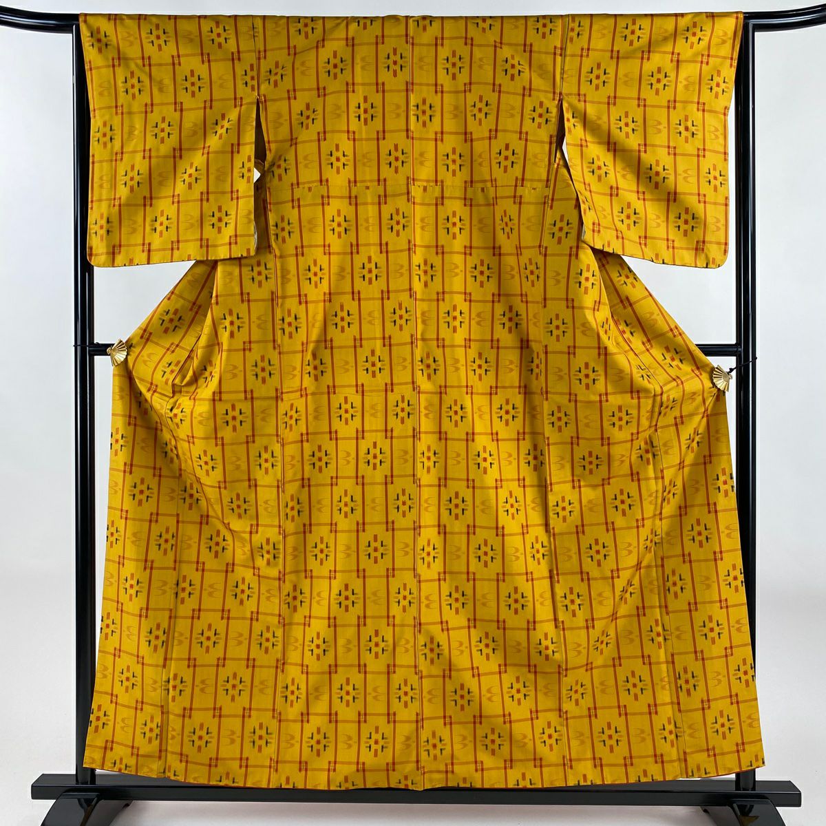 【美品】 紬織 身長158.5cm 袖長63cm S 雙層 套裝 燕 幾何圖案 山吹色 純蠶絲 優品級