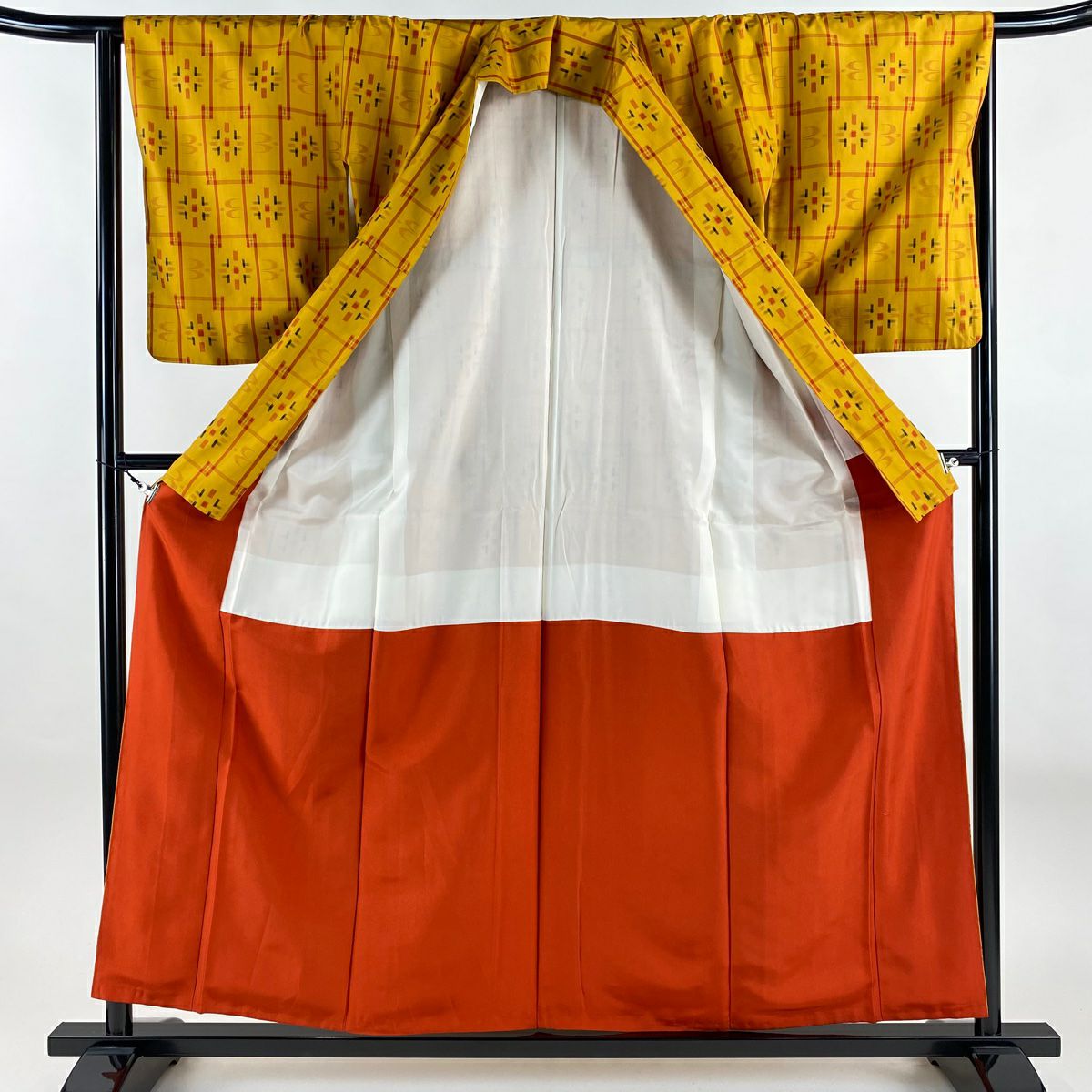 【美品】 紬織 身長158.5cm 袖長63cm S 雙層 套裝 燕 幾何圖案 山吹色 純蠶絲 優品級