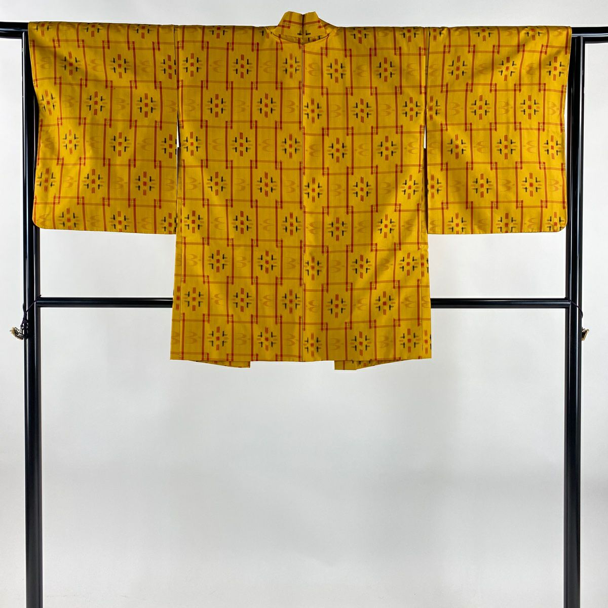 【美品】 紬織 身長158.5cm 袖長63cm S 雙層 套裝 燕 幾何圖案 山吹色 純蠶絲 優品級