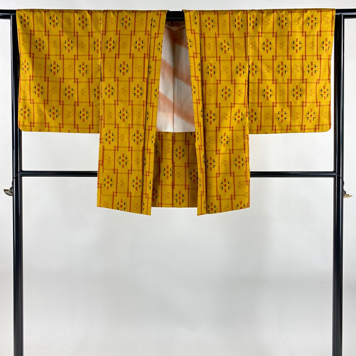 【美品】 紬織 身長158.5cm 袖長63cm S 雙層 套裝 燕 幾何圖案 山吹色 純蠶絲 優品級