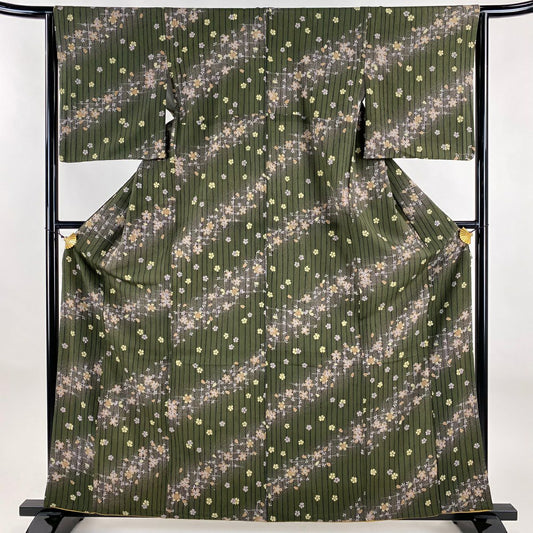 【美品】 小紋 身長161.5cm 袖長63.5cm S 雙層 可洗和服 樱花 直條紋 茶綠 化纖 優品級