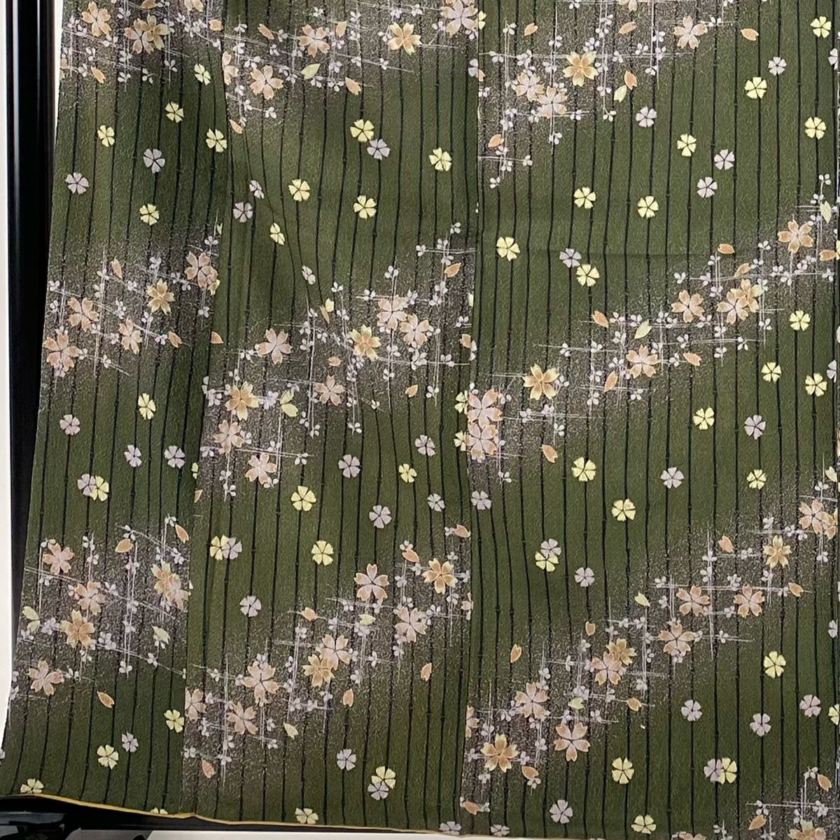 【美品】 小紋 身長161.5cm 袖長63.5cm S 雙層 可洗和服 樱花 直條紋 茶綠 化纖 優品級