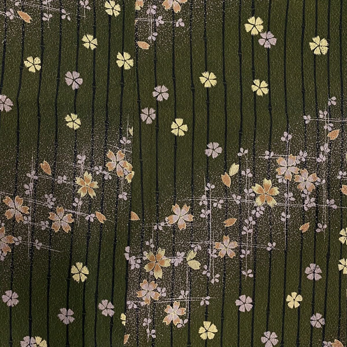 【美品】 小紋 身長161.5cm 袖長63.5cm S 雙層 可洗和服 樱花 直條紋 茶綠 化纖 優品級