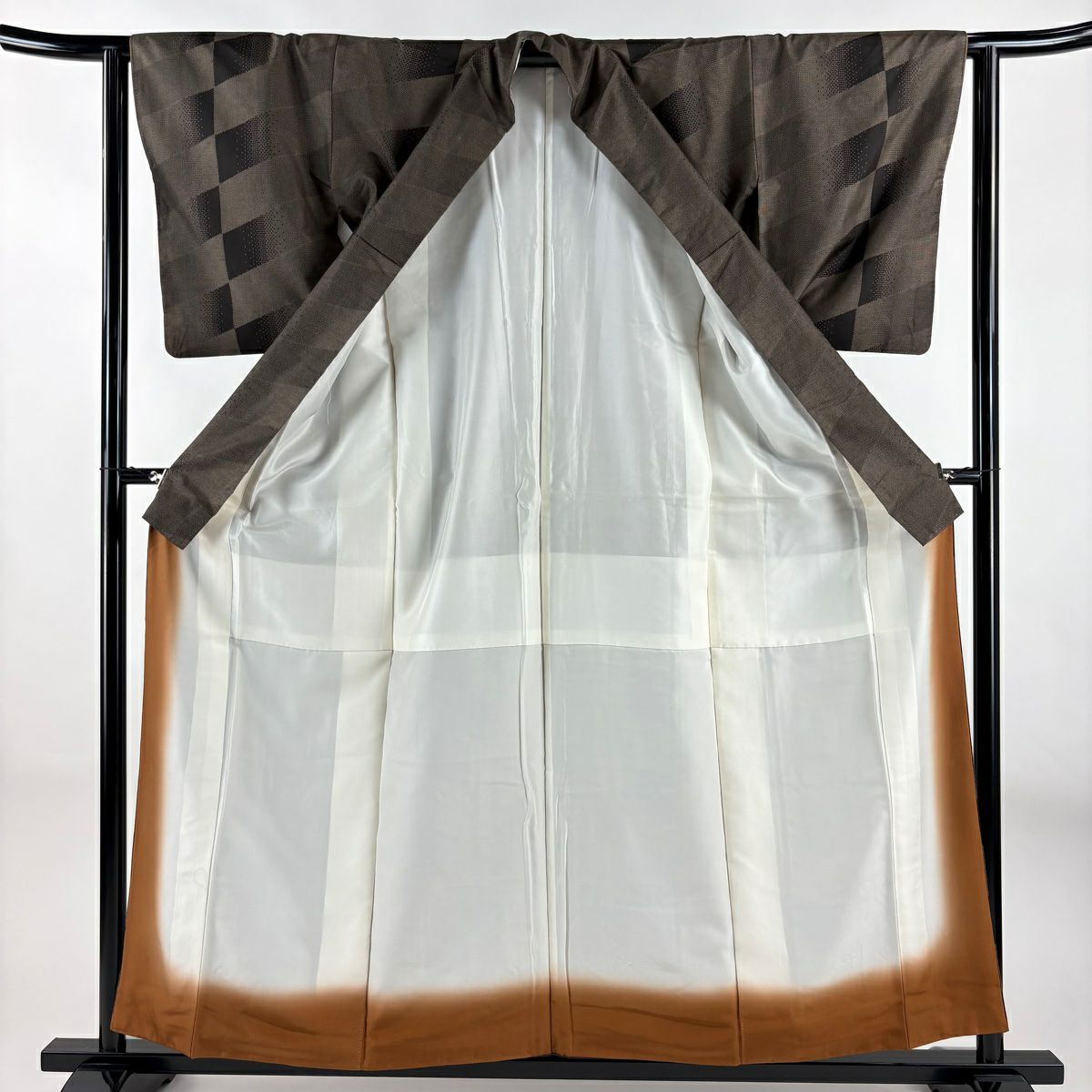【美品】 紬織 身長158.5cm 袖長63cm S 雙層 幾何學 焦茶 純蠶絲 秀品級