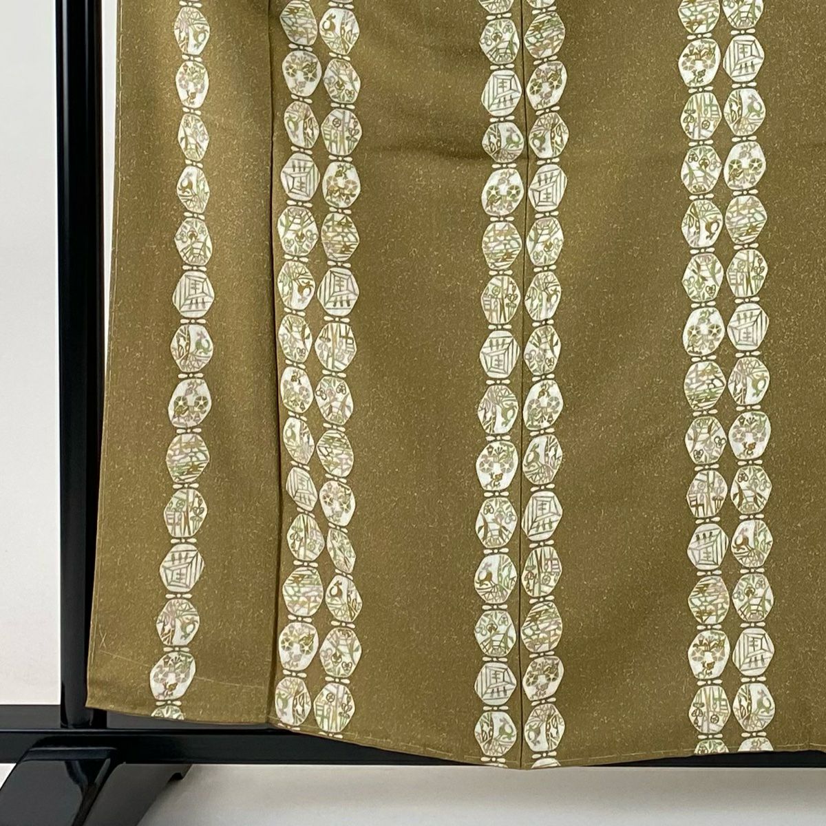【美品】 小紋 身長159cm 袖長63cm S 雙層 草花紋紋 鳥 茶綠 純蠶絲 秀品級