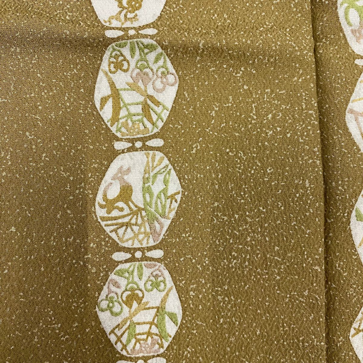 【美品】 小紋 身長159cm 袖長63cm S 雙層 草花紋紋 鳥 茶綠 純蠶絲 秀品級