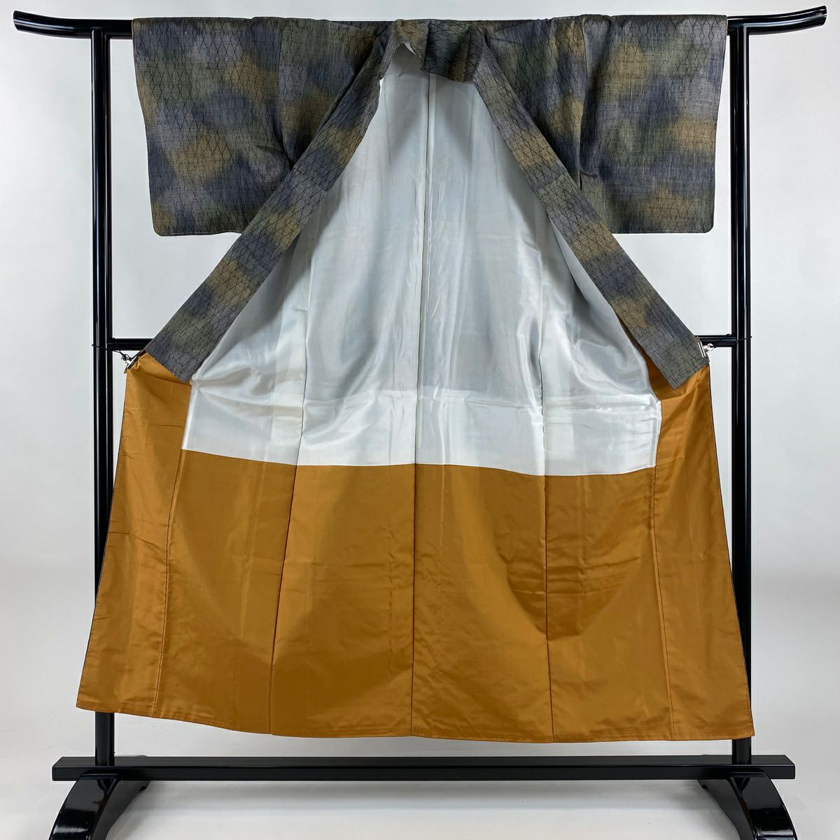 【美品】 紬織 身長153.5cm 袖長61cm S 雙層 幾何學圖案 青灰 純蠶絲 秀品級