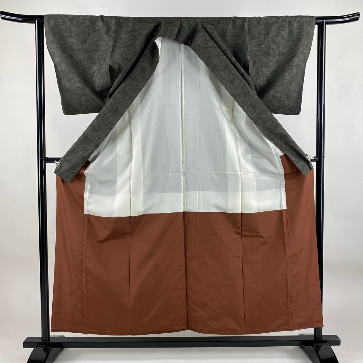 【美品】 紬織 身長156cm 袖長62cm S 雙層 花 龜甲絣 灰綠 純蠶絲 秀品級