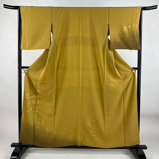 【美品】 付下 身長156cm 袖長65cm M 雙層 建物 松樹梅花 刺繡 山吹茶 純蠶絲 秀品級