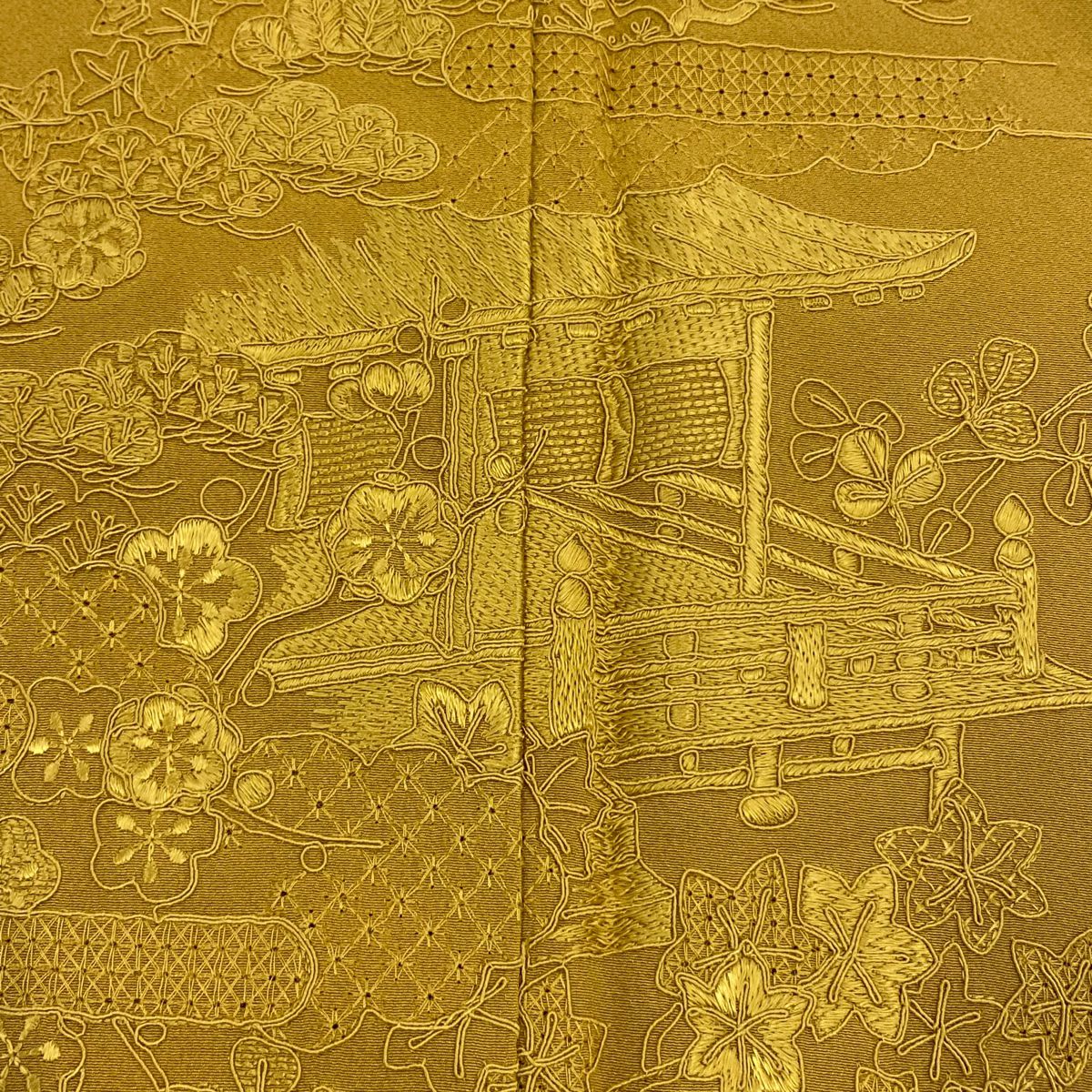 【美品】 付下 身長156cm 袖長65cm M 雙層 建物 松樹梅花 刺繡 山吹茶 純蠶絲 秀品級
