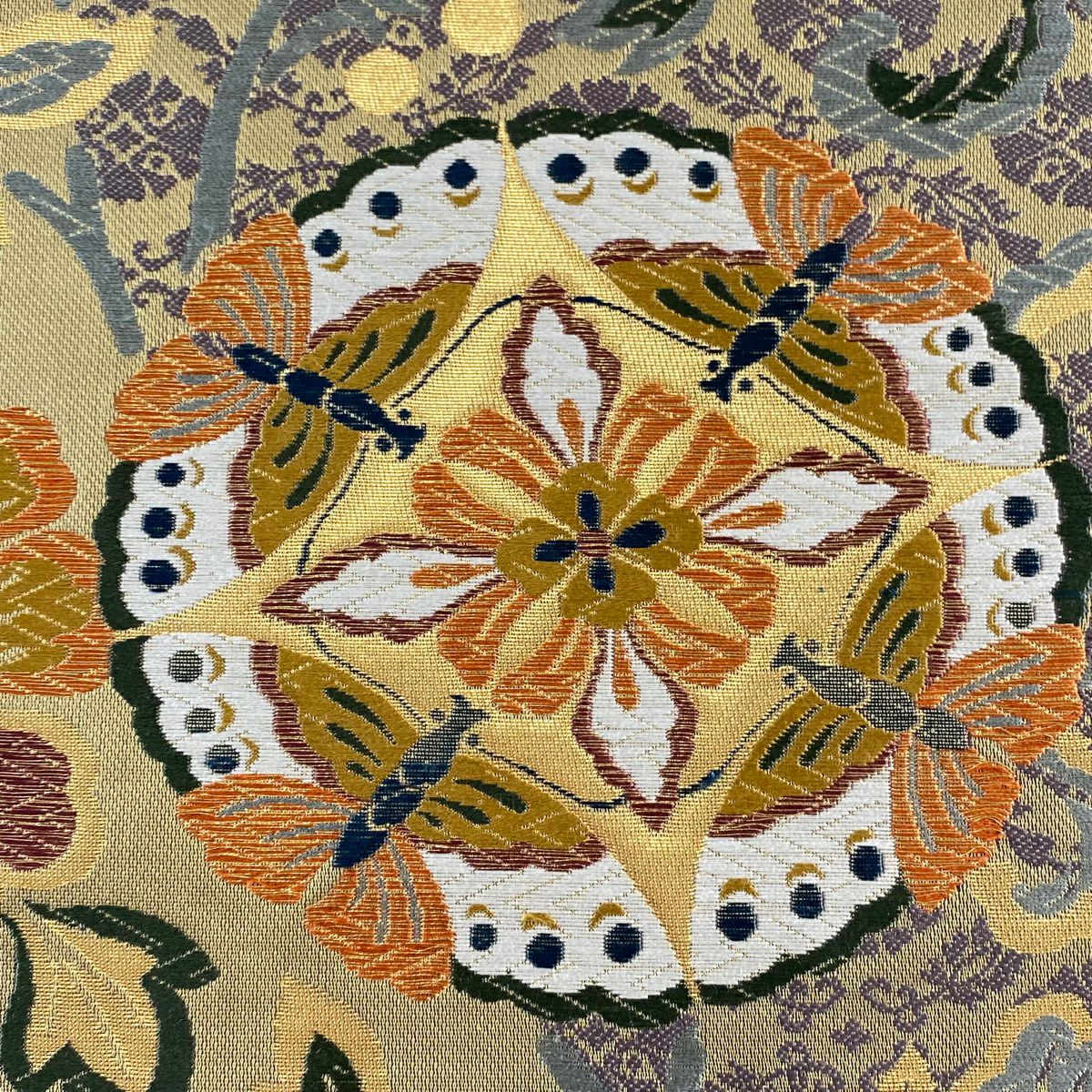袋帶 秀品級 華紋 花唐草紋 金金箔 薄綠 六通 純蠶絲