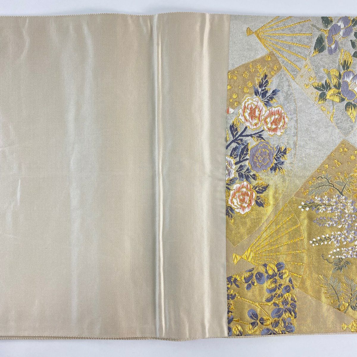 袋帶 秀品級 扇子 草花紋 金糸 金金箔 灰白 六通 純蠶絲