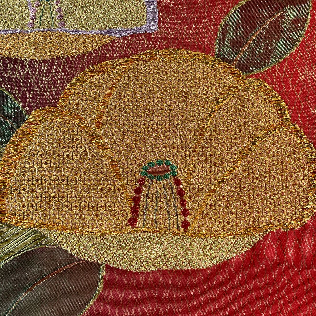 袋帶 秀品級 椿 斜紋 金絲 金金箔 紅 六通 純蠶絲
