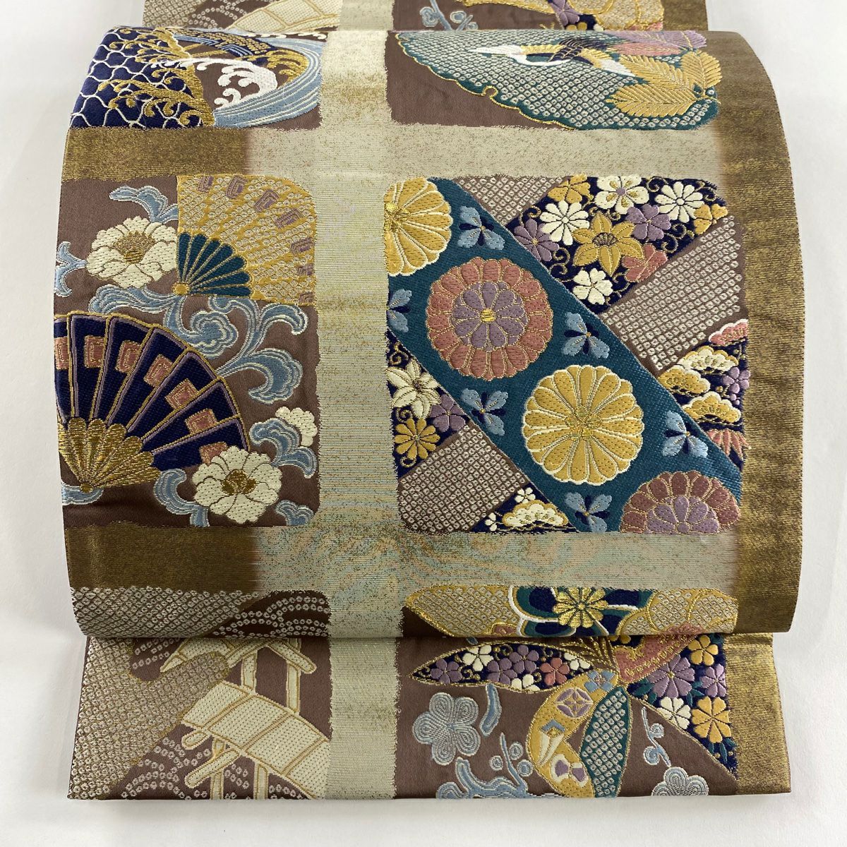 【美品】 袋帶 秀品級 吉祥紋樣縫小袖 金絲 金銀彩 灰茶 六通 純蠶絲