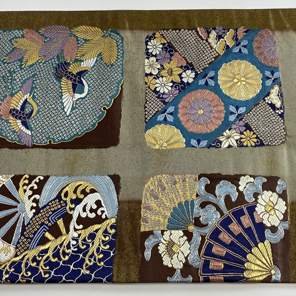 【美品】 袋帶 秀品級 吉祥紋樣縫小袖 金絲 金銀彩 灰茶 六通 純蠶絲