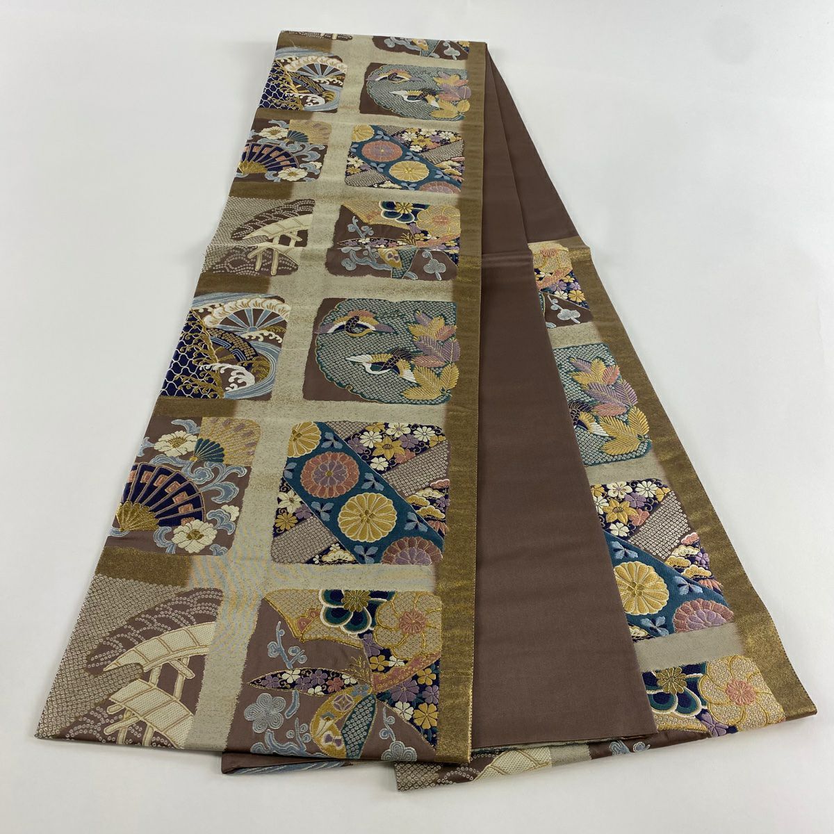 【美品】 袋帶 秀品級 吉祥紋樣縫小袖 金絲 金銀彩 灰茶 六通 純蠶絲
