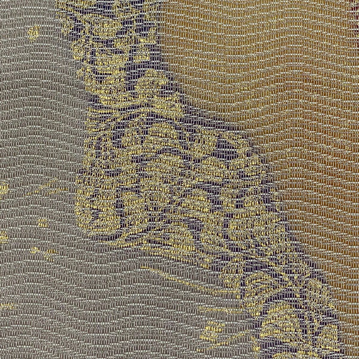 【美品】 袋帶 秀品級 金金箔散佈 斜條紋 金絲 金灰色 六通 純蠶絲