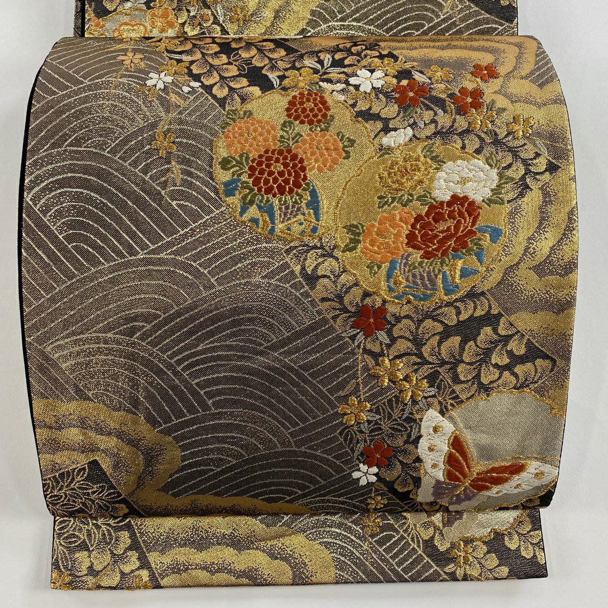 【美品】 袋帶 秀品級 雪輪 草花紋 金絲 金金箔 金色 六通 純蠶絲
