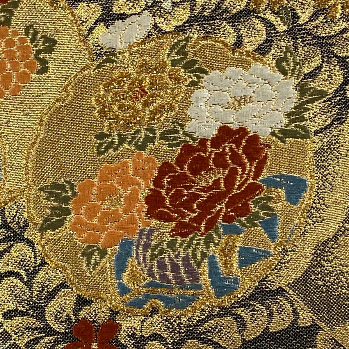 【美品】 袋帶 秀品級 雪輪 草花紋 金絲 金金箔 金色 六通 純蠶絲
