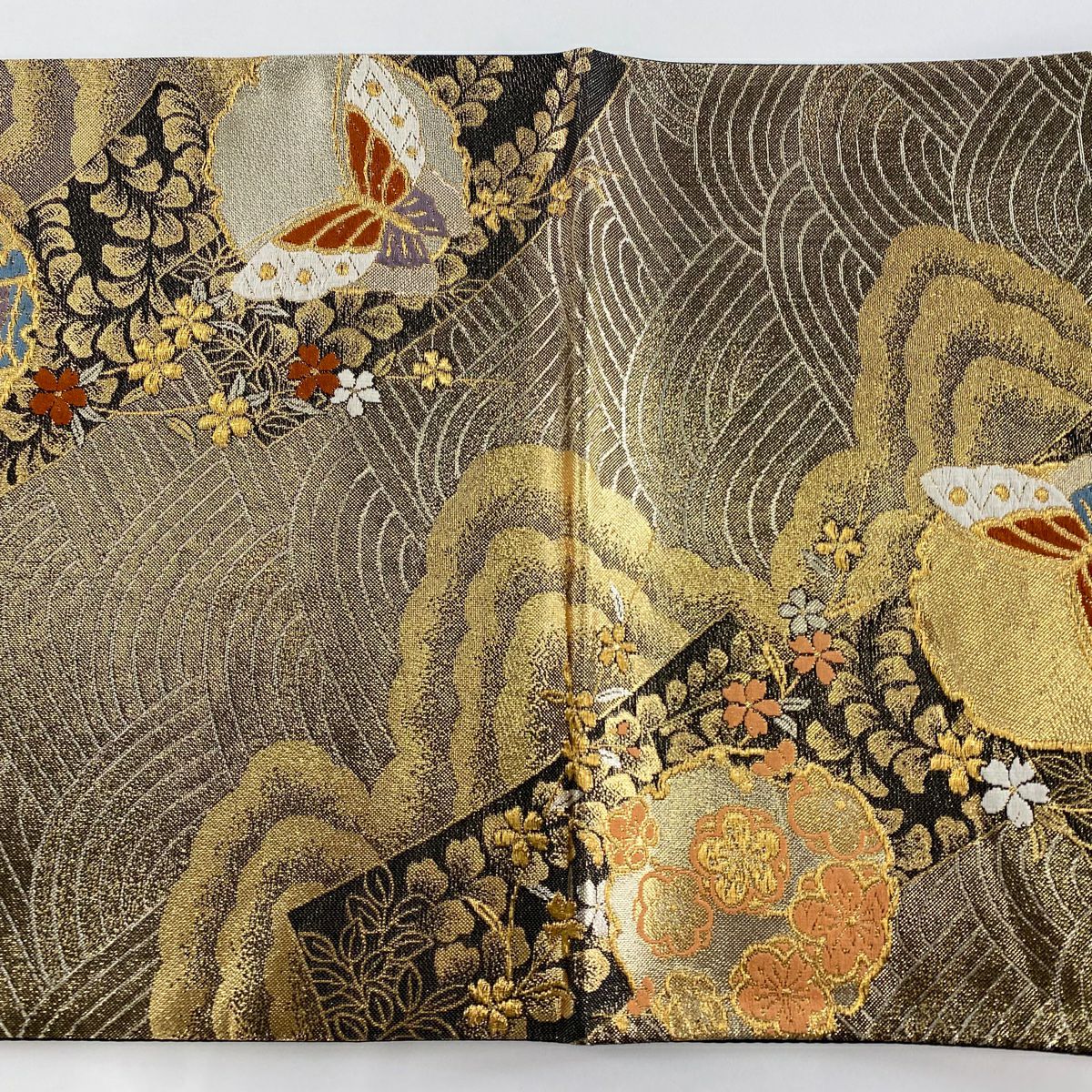 【美品】 袋帶 秀品級 雪輪 草花紋 金絲 金金箔 金色 六通 純蠶絲