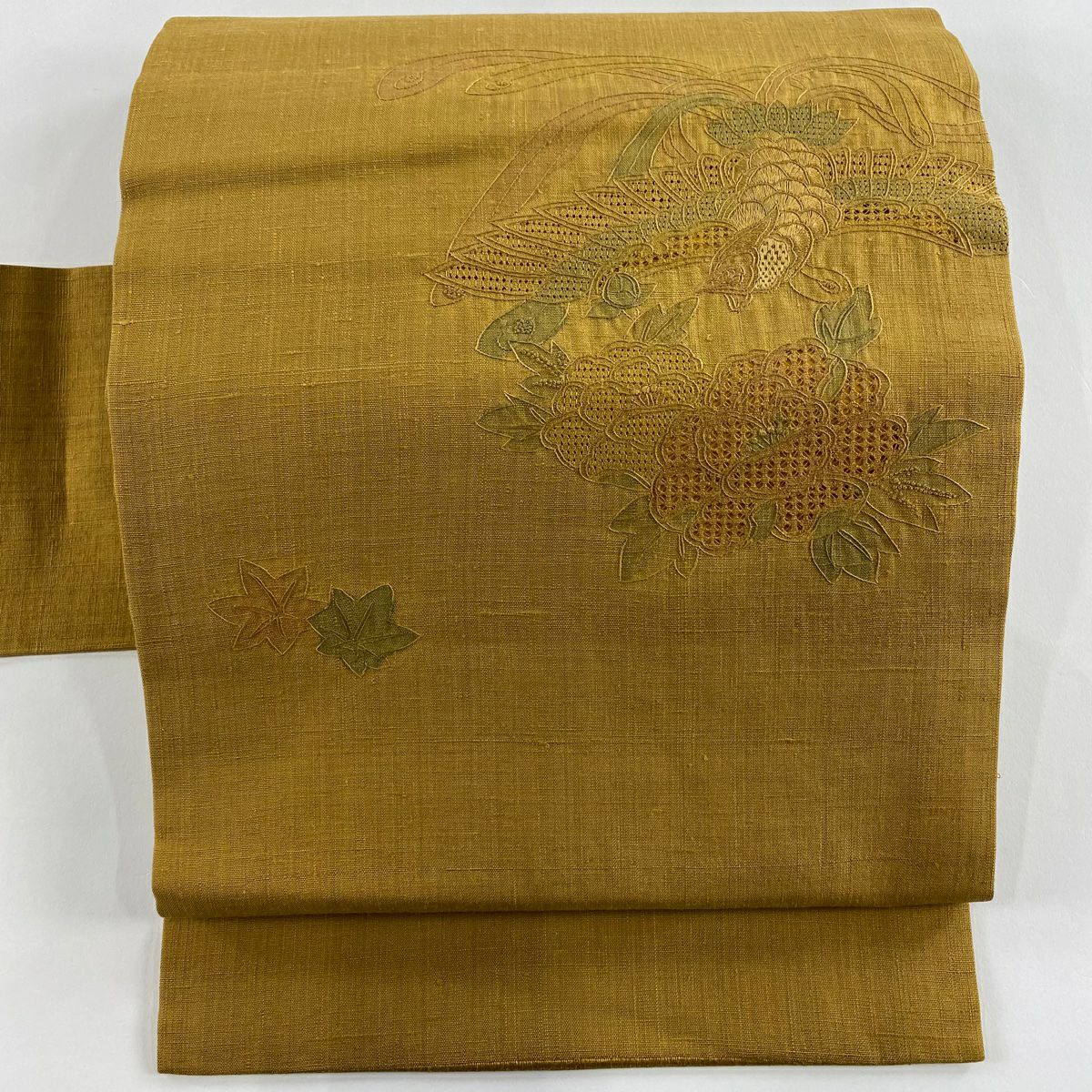 名古屋帶 秀品級 紬織織 草花紋紋 鳥刺繡 米色 純蠶絲